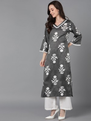 AHIKA Women Printed Straight Kurta(Grey)