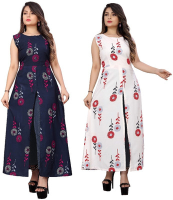 tanvi creation Women Printed Frontslit Kurta(Blue)