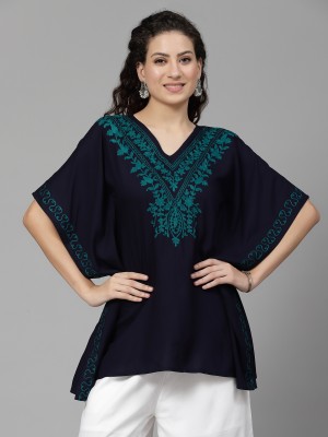 QAZMI Women Embroidered Trail Cut Kurta(Blue)