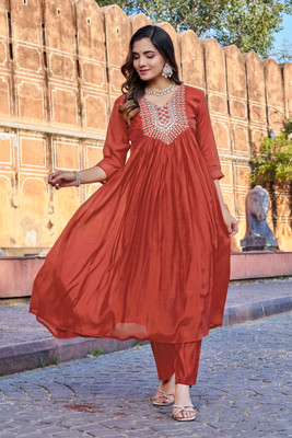 KODILA Women Embroidered, Embellished, Self Design Anarkali Kurta(Orange)