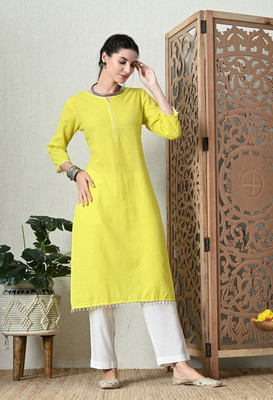 Anmi Striped Women A-line Kurta(Yellow)