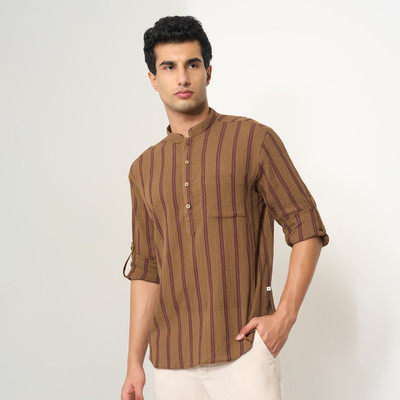 Indus Route by Pantaloons Men Printed Straight Kurta(Brown)
