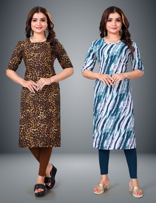MOBHISA Women Printed Straight Kurta(Dark Blue)