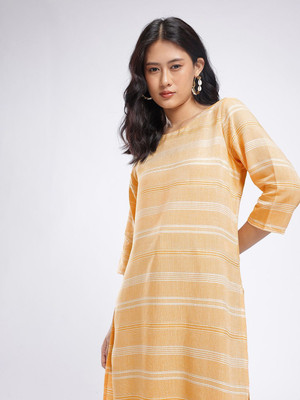 Anouk Rustic Women Striped A-line Kurta(Yellow)
