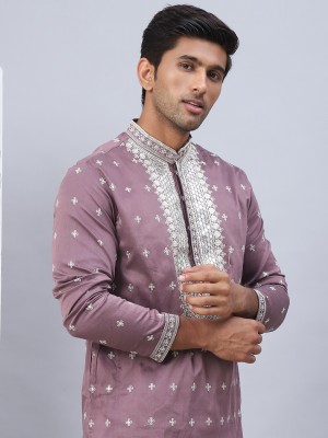 Jompers Men Embroidered Straight Kurta(Pink)