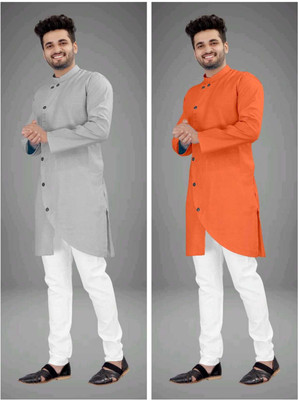 CRYSTALREVENUE Men Solid Trail Cut Kurta(Multicolor)
