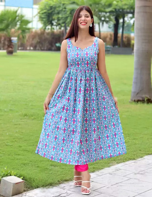Vitthal Women Printed Flared Kurta(Light Blue)