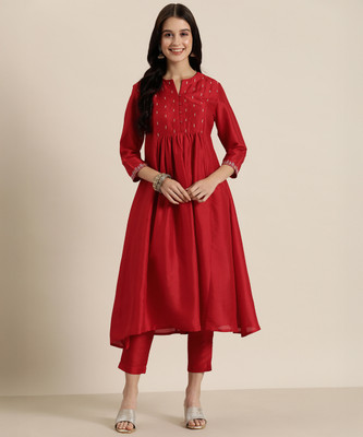 HERE&NOW Women Embroidered Anarkali Kurta(Red)