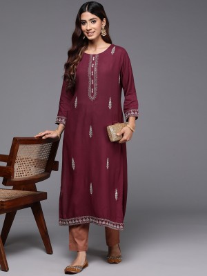 Indo Era Women Embroidered Straight Kurta(Maroon, White)