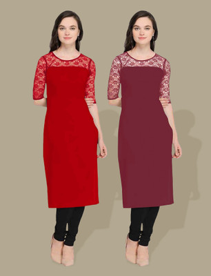 Maheshvi Women Self Design Straight Kurta(Maroon, Red)