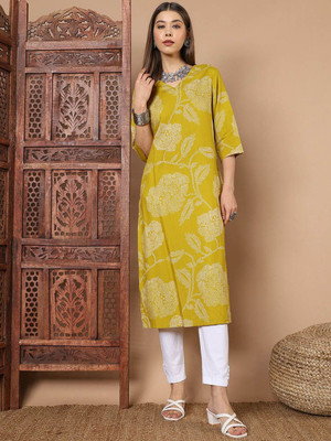 ANOUK Women Printed Straight Kurta(Yellow)