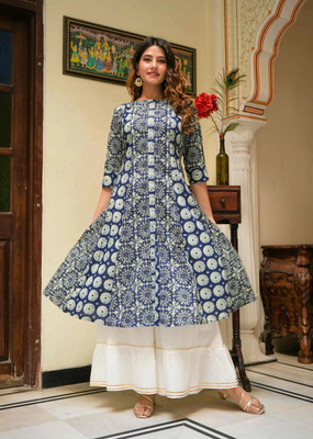 Yash Gallery Women Geometric Print A-line Kurta(Blue)