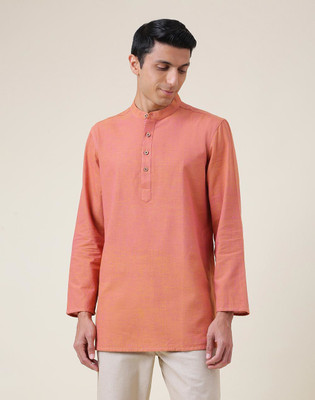 Fabindia Men Woven Design Straight Kurta(Pink)