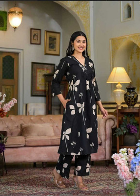 Suresh Enterprises Women Printed, Floral Print Anarkali Kurta(Black)