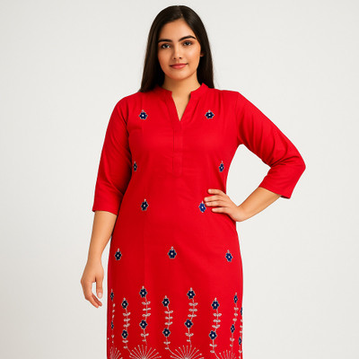 Girijesh Singh Women Embroidered Straight Kurta(Red)