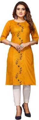 MANISILK Women Embroidered A-line Kurta(Yellow)