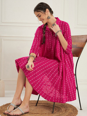 MAMISAA Women Self Design Flared Kurta(Pink)