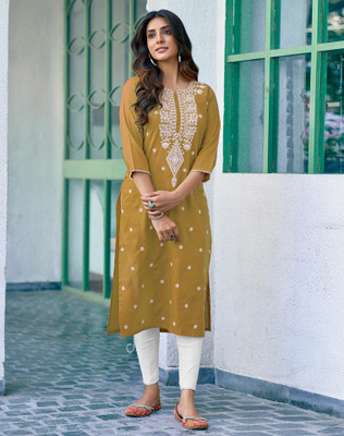 Anmi Embroidered Women Straight Kurta(Yellow)