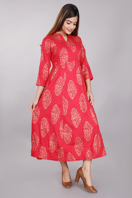 SUBH LAXMI Women Printed Flared Kurta(Red)