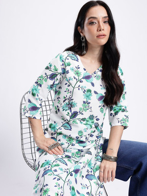 Anouk Rustic Women Floral Print Straight Kurta(White)