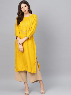 MEERANSHI LIVING Women Solid Straight Kurta(Yellow)