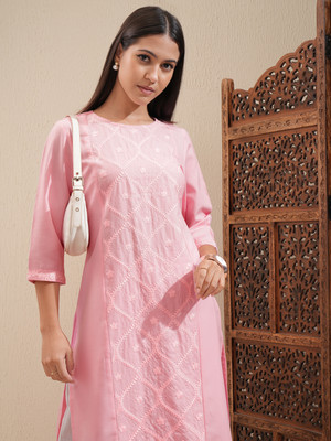 Vishudh Women Embroidered Straight Kurta(Pink)