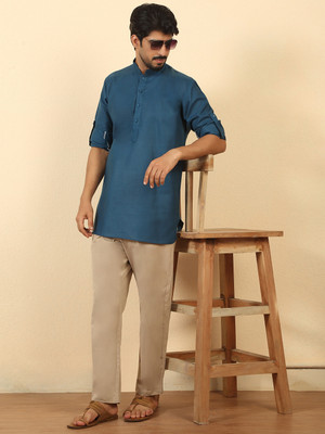 kraft india Men Solid Straight Kurta(Blue)