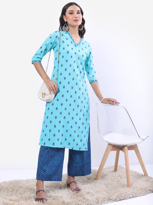 Vishudh Women Printed, Polka Print Straight Kurta(Light Blue, Blue, Brown)