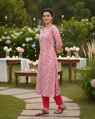 maaesa Women Printed Straight Kurta(Pink)