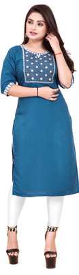 RIDDHI COLLECTION MALL Women Embroidered A-line Kurta(Blue)