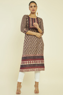 soch Women Block Print Straight Kurta(Beige)
