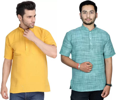 isdfabric Men Self Design Straight Kurta(Yellow, Grey, Green)