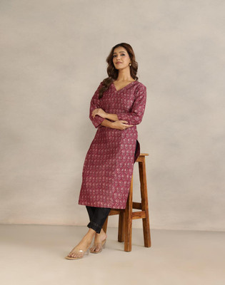 Fabindia Women Printed Straight Kurta(Maroon)
