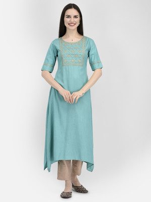 Span Women Self Design Asymmetric Kurta(Light Blue)