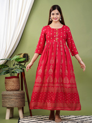 Bairaj Women Printed Anarkali Kurta(Pink)