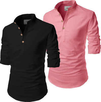 UNIFAV Men Solid Pathani Kurta(Black, Pink)