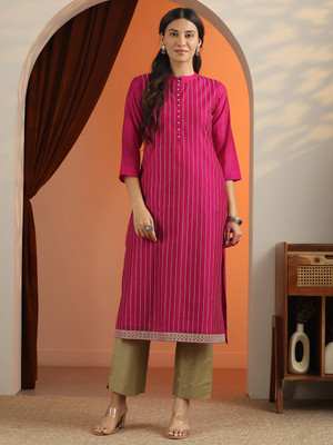 LIBAS Women Striped Straight Kurta(Pink)