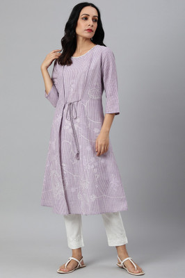 W Women Floral Print A-line Kurta(Purple)