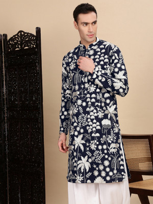 House of Pataudi Men Printed Straight Kurta(Dark Blue, White)