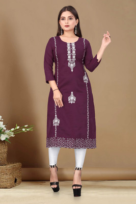 FABRINARGI Women Embroidered Straight Kurta(Purple)