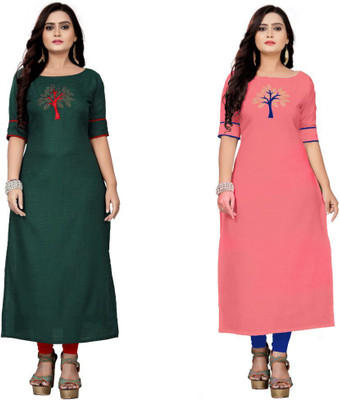 mahi creation Women Patchwork Straight Kurta(Green, Pink)