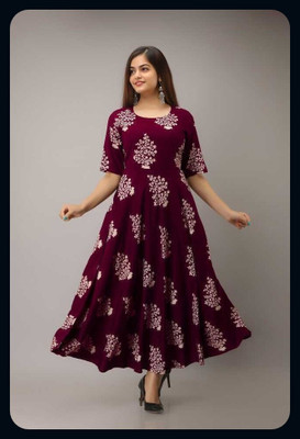 RACHNA FASHION Women Printed Flared Kurta(Maroon, White)