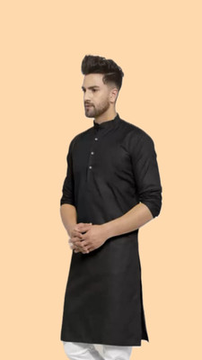 HouseOfCommon Men Solid A-line Kurta(Black)