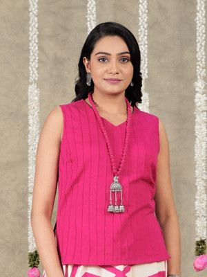 Aramya Women Solid, Striped Straight Kurta(Pink)