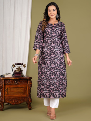 FebQ Women Printed Straight Kurta(Black)
