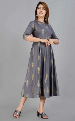 SMIEN Women Printed Flared Kurta(Grey)