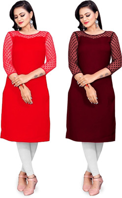 Maheshvi Women Self Design Straight Kurta(Red, Maroon)