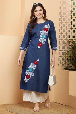 Shopbering Women Embroidered A-line Kurta(Blue)