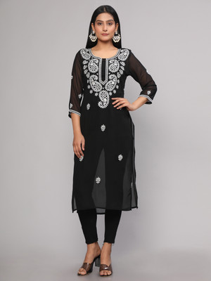 Royal Export Women Embroidered Straight Kurta(Black)