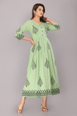 Priyshi Designing Women Printed, Block Print Flared Kurta(Light Green)